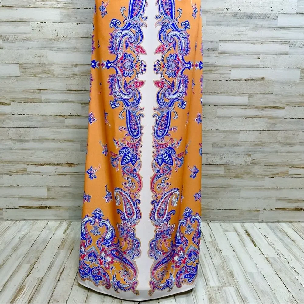 Clover Canyon Halter Scarf Maxi Dress Size S Mustard Gold Blue Sleeveless - Picture 10 of 14